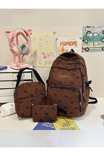 Take Two By Styli 3-Piece Brown Bow Corduroy Backpack Set