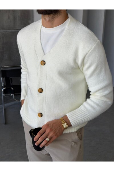 FO4RBS Buttoned Knitted V-Neck Cardigan m - Ecru