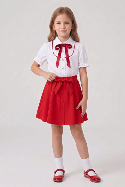 FATELLA Girls' Red Bow Tie Red Piping Short Sleeve Shirt Red Bow Tie Beaded S...