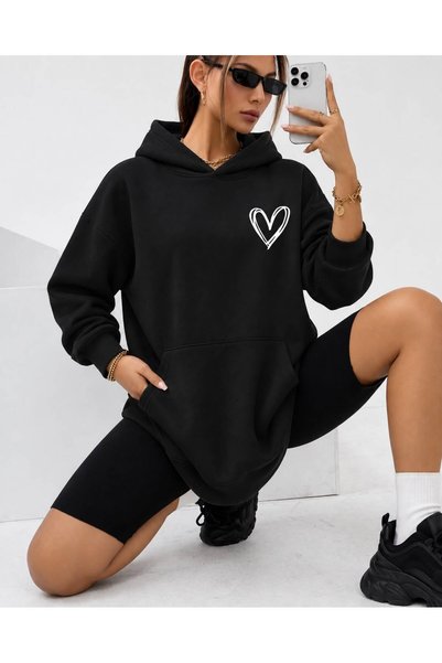 HAI COLLECTİON Women's Sweatshirt 3 Thread Heart Printed Oversize Hoodie with...