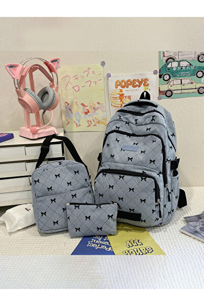 Take Two By Styli 3-Piece Blue Bow Corduroy Backpack Set