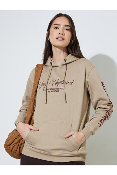 Styli Beige Slogan Print Long Sleeves Regular Fit Hoodie