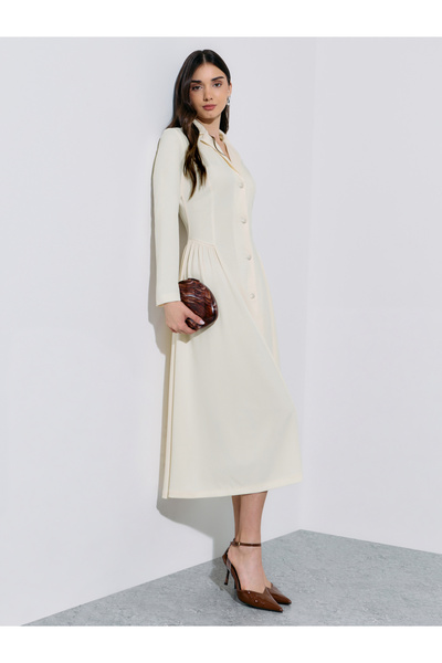 Styli Cream Solid Pleated Details Shirt Midi Dress