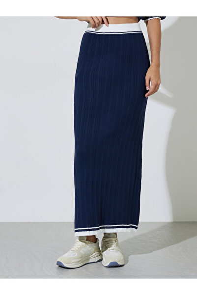 Styli Navy Blue Contrast Trims A-Line Maxi Skirt