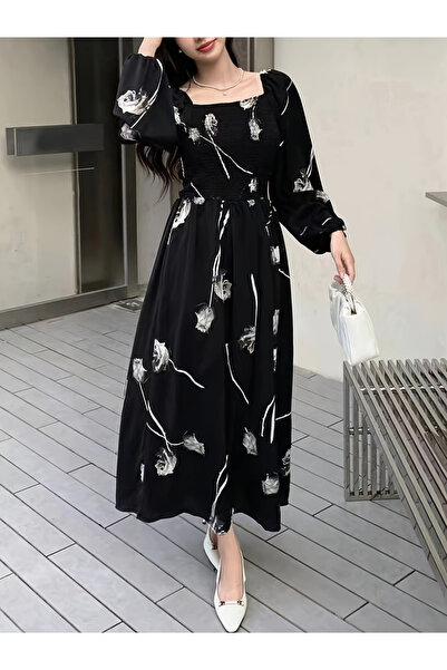 Take Two By Styli Black Floral Long Sleeve A-Line Maxi Dress
