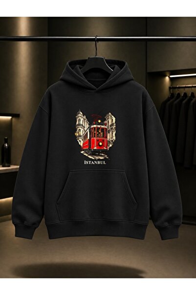 fame-stoned Istanbul Istiklal Tram Printed Unisex 100% Cotton Hooded Sweatshirt