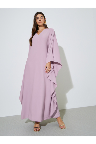 Styli Purple Solid Batwing Sleeves V-Neck Maxi Kaftan