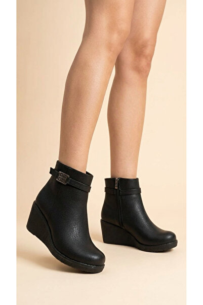 Moda Lime Women's Leather Look Belt Detailed Wedge Heeled Casual Ankle Boots
