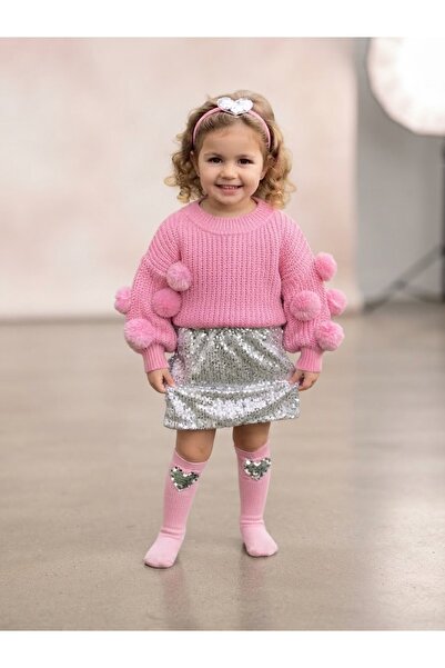 kokosh _ kidss burcu sapmaz Kız çocuk pembe ponponlu kazak gümüş payetli etek...
