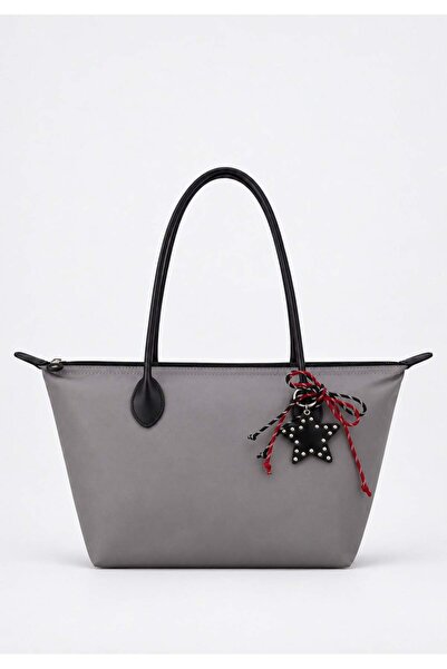 Madamra Gray Women's Decorated Zippered Shopper Shoulder Bag