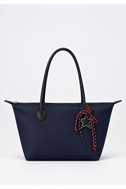 Madamra Navy Blue Women's Decorated Zippered Shopper Shoulder Bag