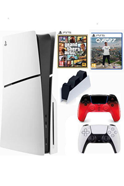 Sony Playstation 5 Slim Cdli + 2.kol Dualsense Techno Red Kırmızı + Şarj İsta...