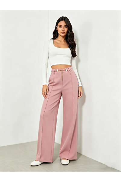 Take Two By Styli Pink High Rise Wide Leg Pants with Chain Detail