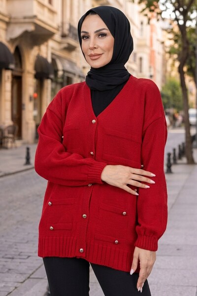 HNT Hayrunnisa Tesettür V-Neck Button Detailed Knitwear Cardigan Red Hnt2810