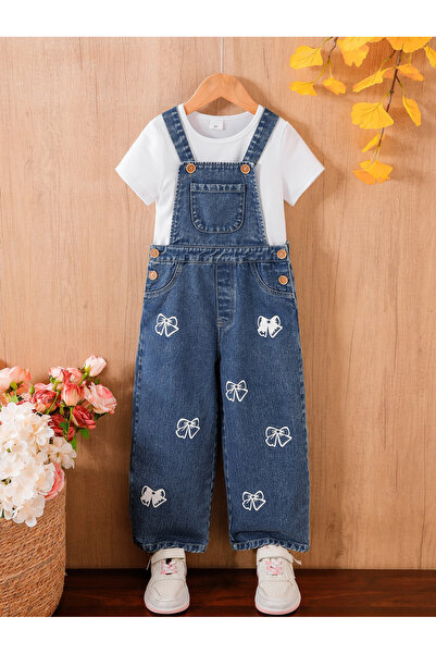 Take Two By Styli Girls Denim Overalls with White T-Shirt and Bow Print