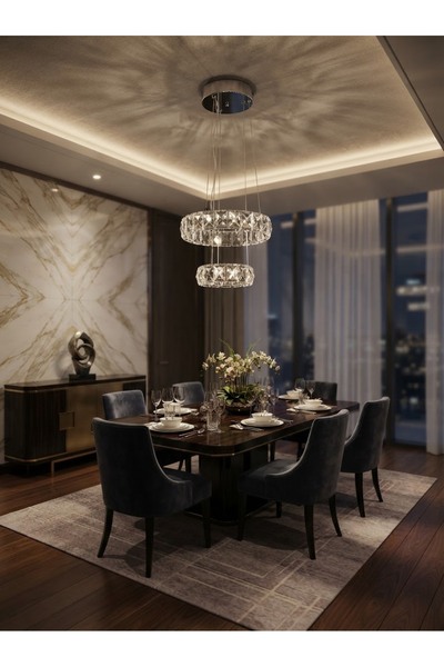 Avizella 2 Katlı Kristal Güneş Avize - Krom Kaplama Modern Tasarım
