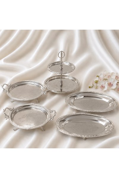 alya home aksesuar 5 Parça Metal Servis Sunum Seti Gümüş
