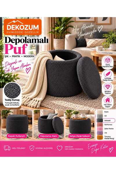 DEKOZUM RENGA Depolamalı Kapaklı Teddy Puf 38x42 cm – Makyaj Pufu, Oturma Puf...