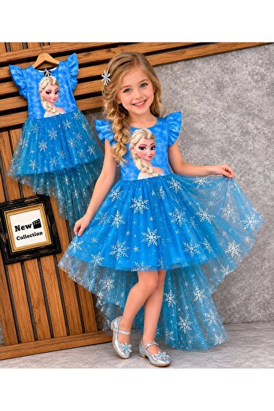 ETÇ BABY Elsa Frozen Baskılı Kar tanesi Desenli Önü Kısa Arkası Uzun Kız Çocu...