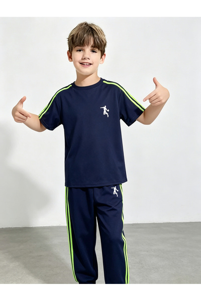 Take Two By Styli Boys Navy Poly Blend Tracksuit with Neon Green Stripes