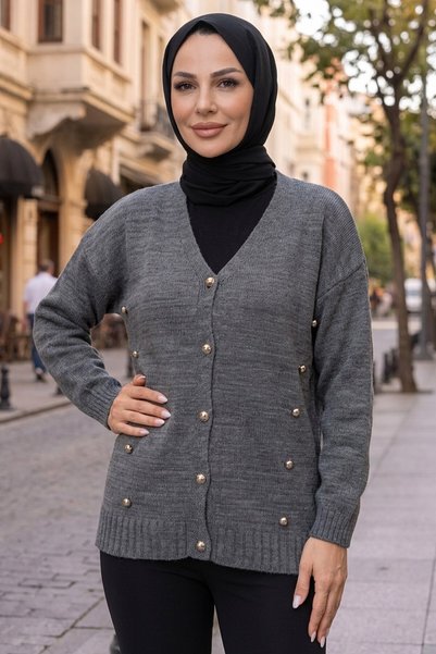 HNT Hayrunnisa Tesettür V-Neck Button Detailed Knitwear Cardigan Gray Hnt2810