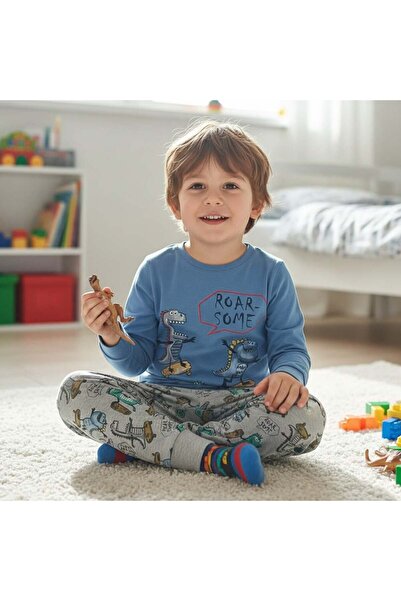 BONBON Boys' Cotton Fabric Dinosaur Printed Long Sleeve 2-Piece Set Cb1100