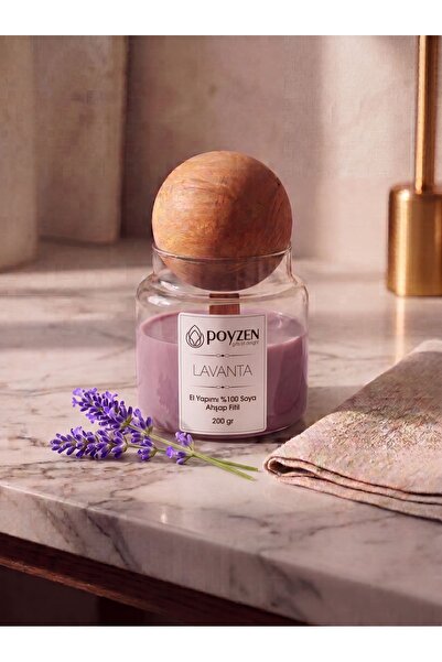 Lavanta Kokulu %100 Doğal Soya Mumu - Ahşap Fitilli Cam Kavanoz 200 gr & Özel Tasarım Kibrit Hediyeli