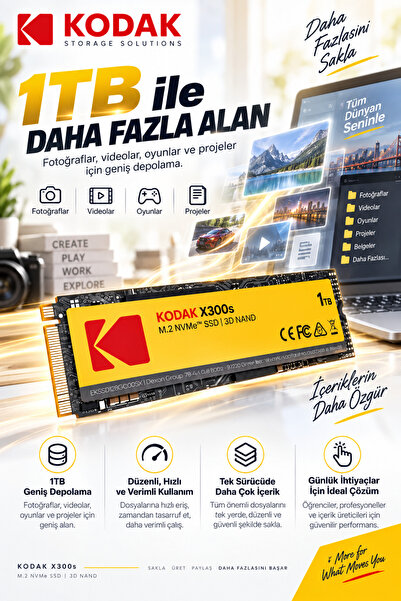 Kodak X300s 1TB M.2 NVMe PCIe Gen3x4 2280 SSD 2500 MB/s Okuma 2000 MB/s Yazma...