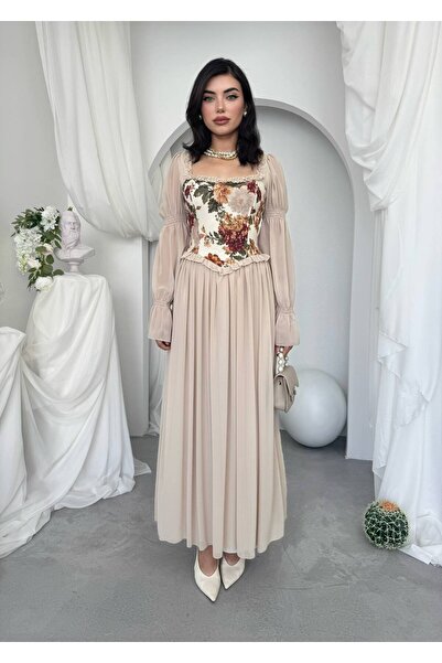 Ayzde Fashion Kadın Çiçek Desenli Vintage Korsajlı Balon Kol Uzun Elbise-01041