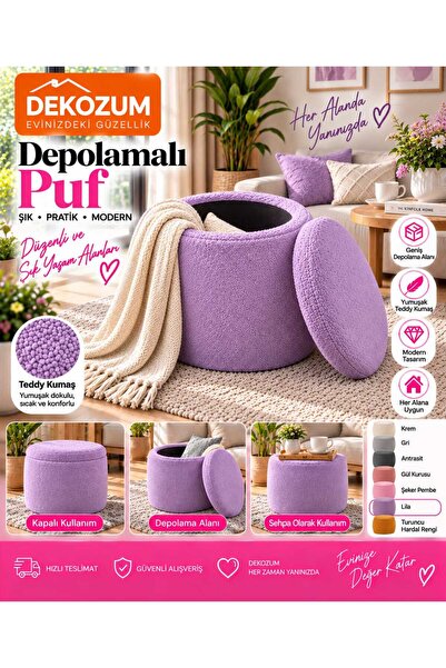 DEKOZUM RENGA Depolamalı Kapaklı Teddy Puf 38x42 cm – Makyaj Pufu, Oturma Puf...