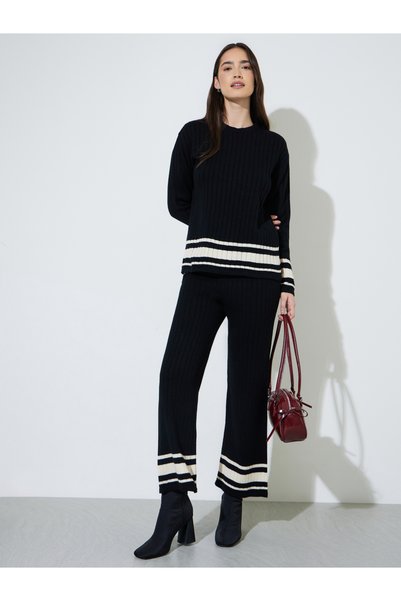 Styli Black Color Block Ribbed Knit Sweater and Pants Co-Ord Set