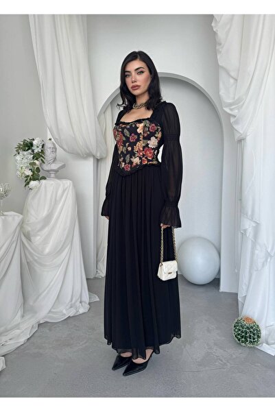 Ayzde Fashion Kadın Çiçek Desenli Vintage Korsajlı Balon Kol Uzun Elbise-01041