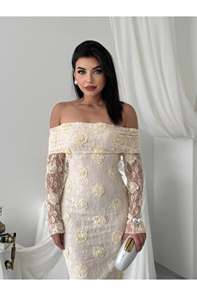 Ayzde Fashion Kadın Dantel İşlemeli Omuzları Açık Uzun Balık Kesim Abiye Elbi...