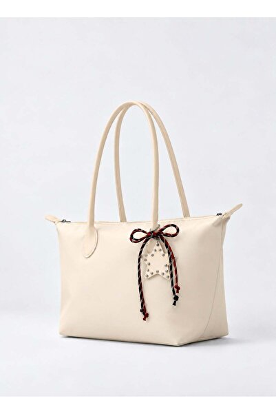 Madamra Krem Kadın Süslemeli Fermuarlı Shopper Omuz Çantası