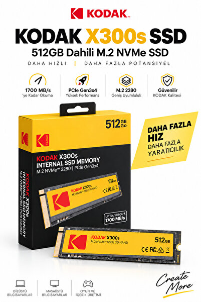Kodak X300s 512GB M.2 NVMe PCIe Gen3x4 2280 SSD 2000 MB/s Okuma 1000 MB/s Yaz...