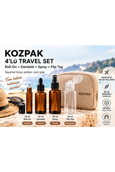 Kozpak 4'lü Travel Set 10 ml Roll-On 30 ml Damlalık Sprey Amber Cam Şişe ve 3...