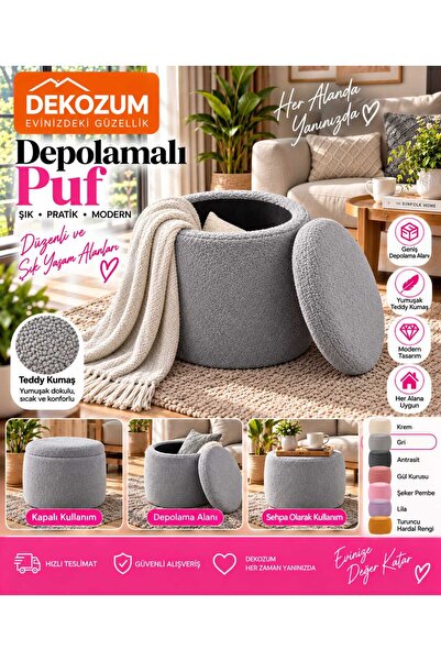 DEKOZUM RENGA Depolamalı Kapaklı Teddy Puf 38x42 cm – Makyaj Pufu, Oturma Puf...