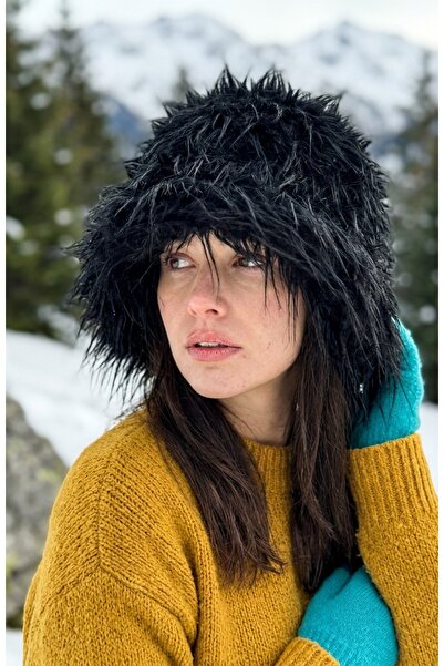 emybox Women's White Fringed Plush Bucket Hat Winter Faux Fur Bucket Hat Soft...