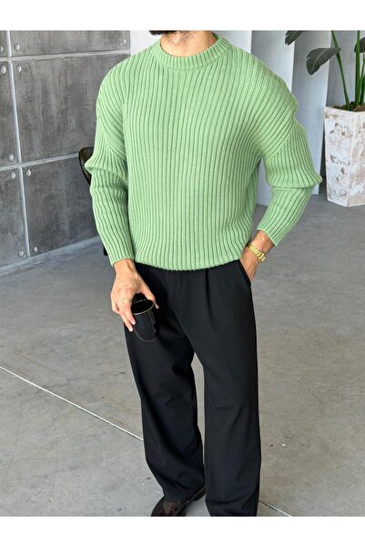 FO4RBS Corded Knitted Basic Oversized Knitwear Sweater m - Green