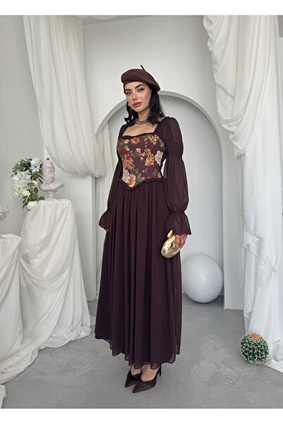 Ayzde Fashion Kadın Çiçek Desenli Vintage Korsajlı Balon Kol Uzun Elbise-01041