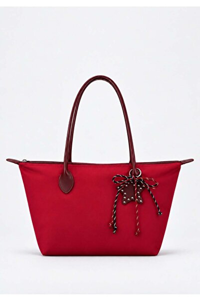Madamra Red Women's Decorated Zippered Shopper Shoulder Bag