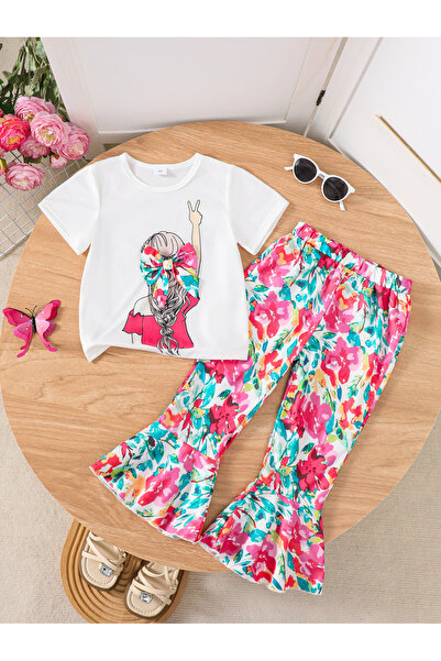 Take Two By Styli Girls Floral Print Trousers and White Top Set
