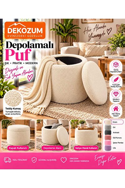 DEKOZUM RENGA Depolamalı Kapaklı Teddy Puf 38x42 cm – Makyaj Pufu, Oturma Puf...