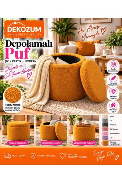 DEKOZUM RENGA Depolamalı Kapaklı Teddy Puf 38x42 cm – Makyaj Pufu, Oturma Puf...