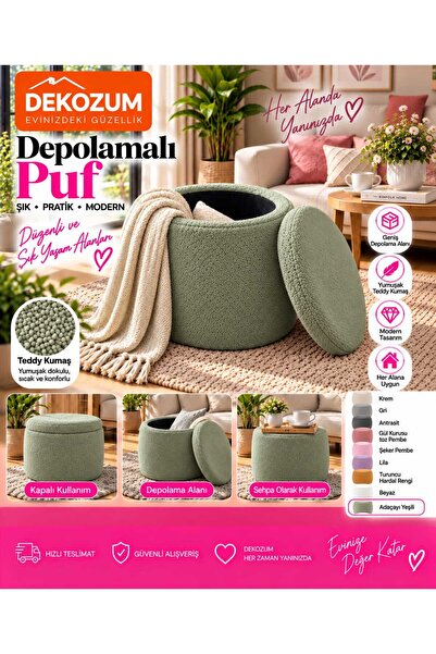 DEKOZUM RENGA Depolamalı Kapaklı Teddy Puf 38x42 cm – Makyaj Pufu, Oturma Puf...