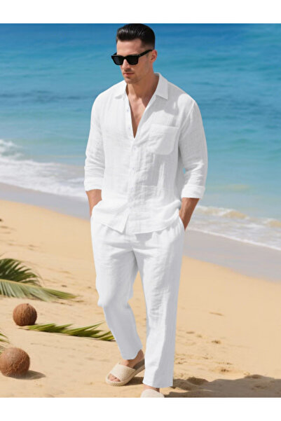Take Two By Styli Men Linen Lapel Long Sleeve Shirt and Pants Set