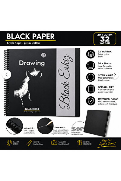 DreamArtgalery Black Sketchbook 20X20 cm Black Paper Drawing Notebook 32 Shee...