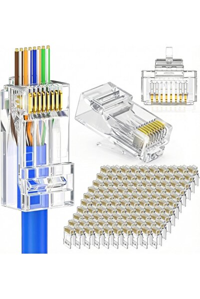 EZ RJ45 Yeni Nesil Delikli Konnektör - CAT5/CAT6 Uyumlu 8P8C Ethernet Network Ucu - Şeffaf UTP Jack