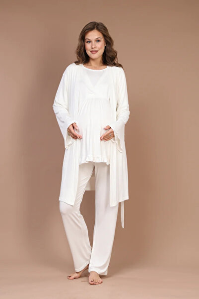 Rimel Homewear Women's Ecru Long Sleeve Maternity 3-Piece Pajama Set with Dou...