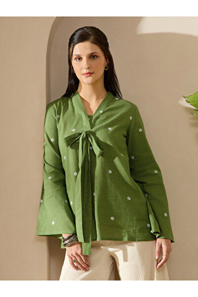 Globus By Styli Green Cotton Slub V-Neck Bell Sleeve Tunic with Tie-Up Detail